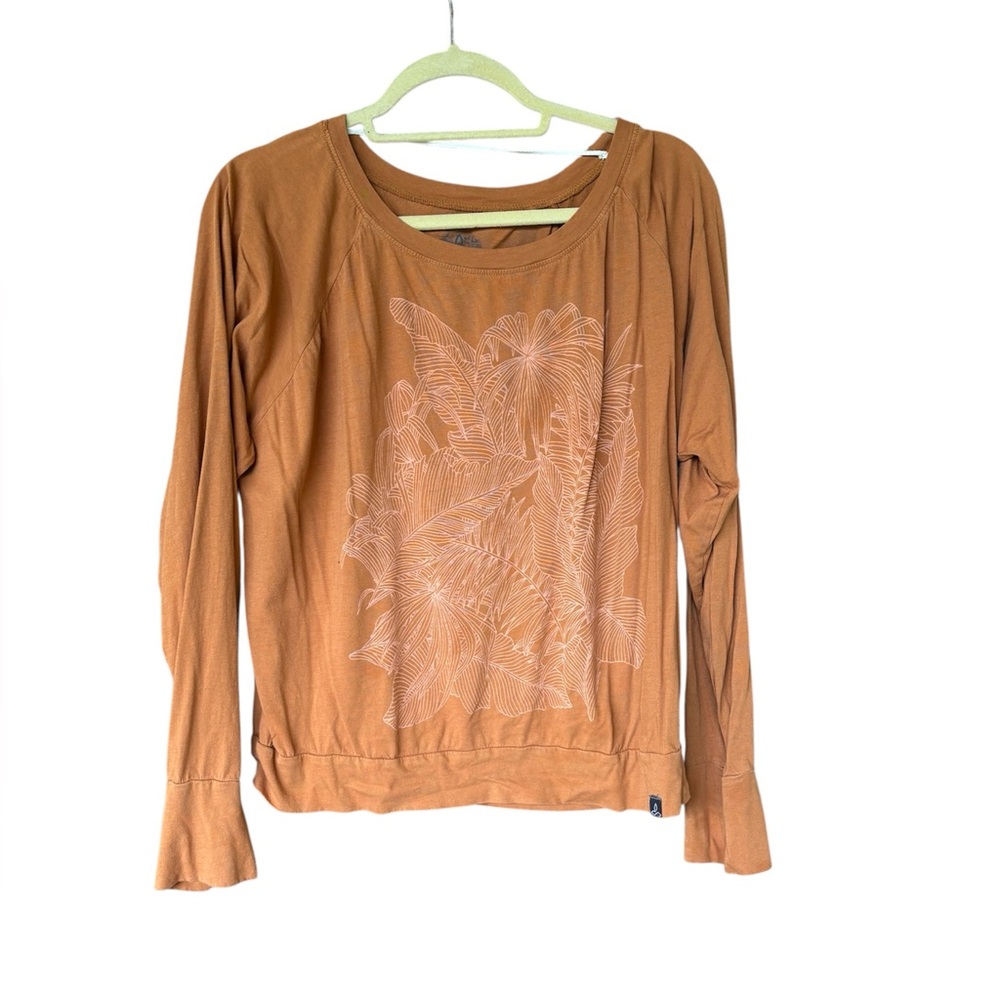 PrAna Rust Orange Long Sleeve Nature Inspired Yoga Graphic‎ Top Size Large